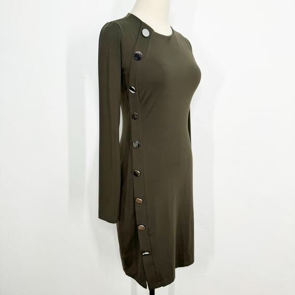Susana Monaco Button Detail Dress Olive Green Long Sleeve Bodycon Office Size S - Picture 4 of 10